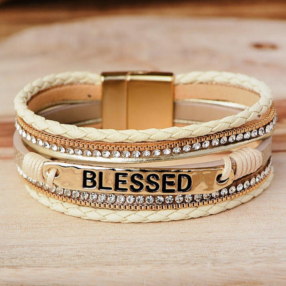 BLESSED Rhinestone Braided Detail Buckle Bracelet